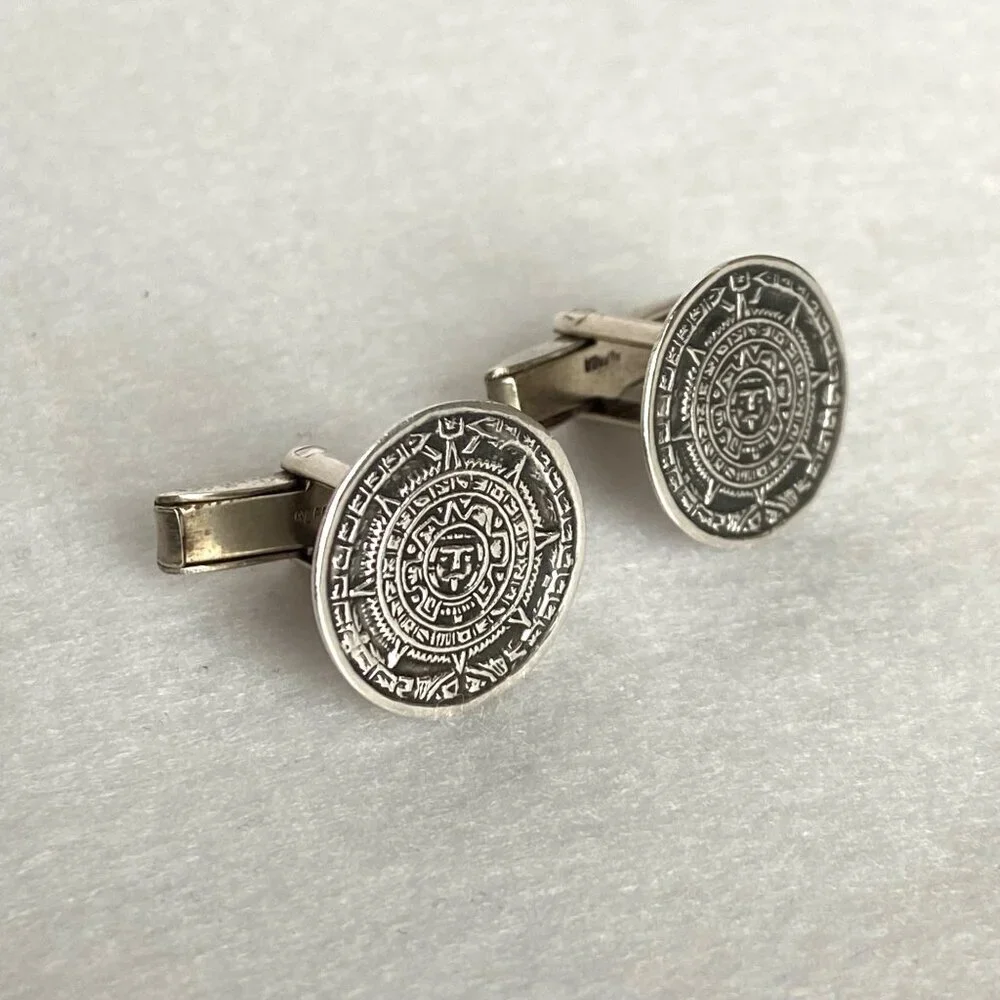 VTG Taxco Mexico Sterling Silver 925 Alpaca Aztec Mayan Calendar CuffLinks